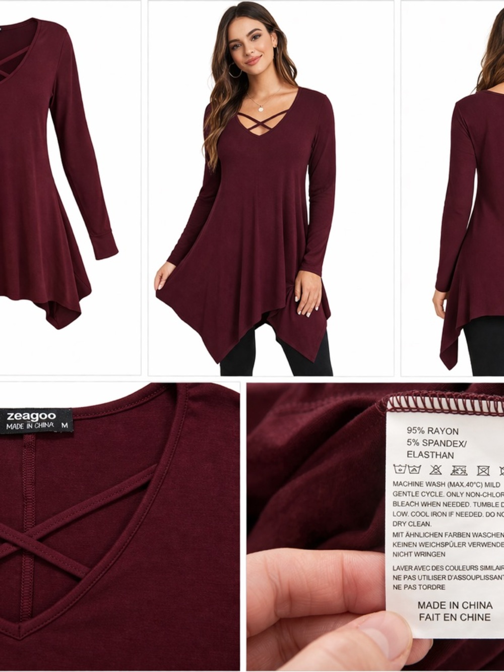 Zeagoo Women’s Burgundy Asymmetrical Tunic Top Size M Long Sleeve V-Neck Flowy - Picture 2 of 15